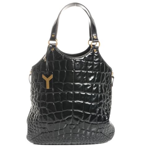 SAINT LAURENT Patent Crocodile Embossed Tribute Tote